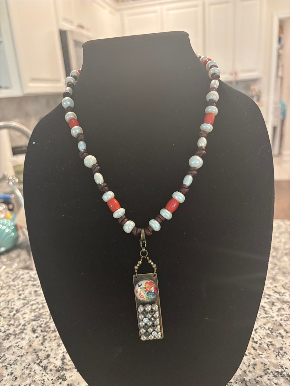 Handcrafted  coral and round,button and teardrop freshwater pearl necklace